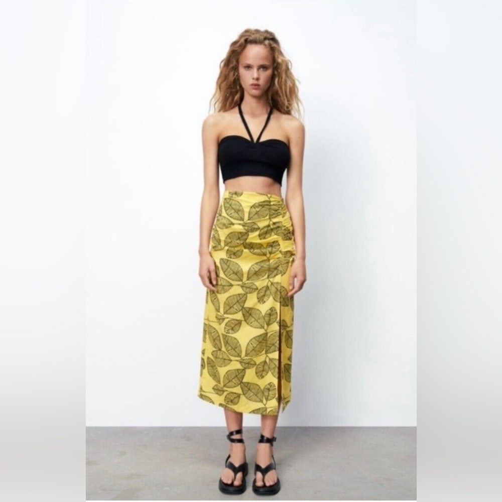 Zara Leaf Print Midi Skirt with Slit